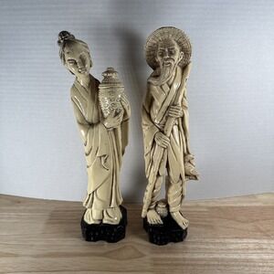 Vintage Set of 2 Chinese Woman & Man Figurines Signed 11.25" Tall Resin Asian